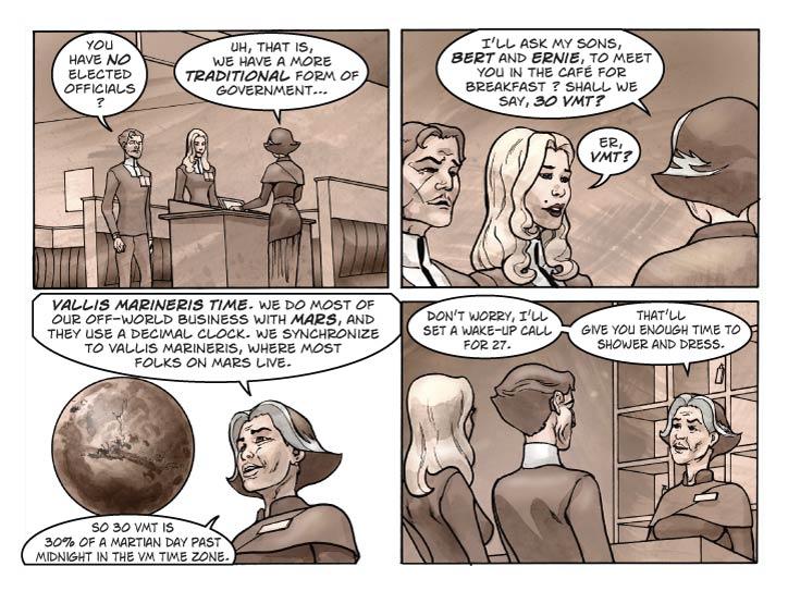  Strip 26	

Panel 1
Three-shot of Guy, Fiorella and Babbette (we can reverse the view now)
Guy and Fiorella look somewhat flabbergasted, Babbette is reconsidering her last remark

Guy: You have no elected officials?

Babbette:  Uh, that is, we have a more traditional form of government…

Panel 2
Guy and Fiorella are now just looking puzzled as Babbette speaks to them.

Babbette: I’ll ask my sons, Bert and Ernie, to meet you in the café for breakfast – shall we say, 30 VMT?

Guy: Er, VMT?

Panel 3
Medium shot of Babbette as she explains the time-system. Over her shoulder, show Mars, with Valles Marineris (the really large, deep valley visible on its surface) in plain view.

Babbette: Vallis Marineris Time. We do most of our off-world business with Mars, and they use a decimal clock. We synchronize to Vallis Marineris, where most folks on Mars live.

Babbette (2): So 30 VMT is 30% of a Martian day past midnight in the VM time zone.

Panel 4
Same shot as Panel 2, Guy and Fiorella still looking confused. Babbette looks upward with a resigned ('tourists!') look.

Babbette: Don’t worry, I’ll set a wake-up call for 27. That’ll give you enough time to shower and dress.
   